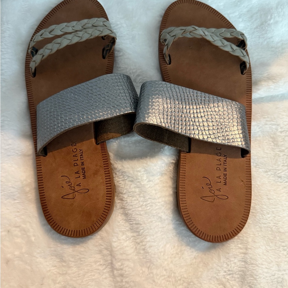 Joie Silver and Tan Sandals with Braided Straps